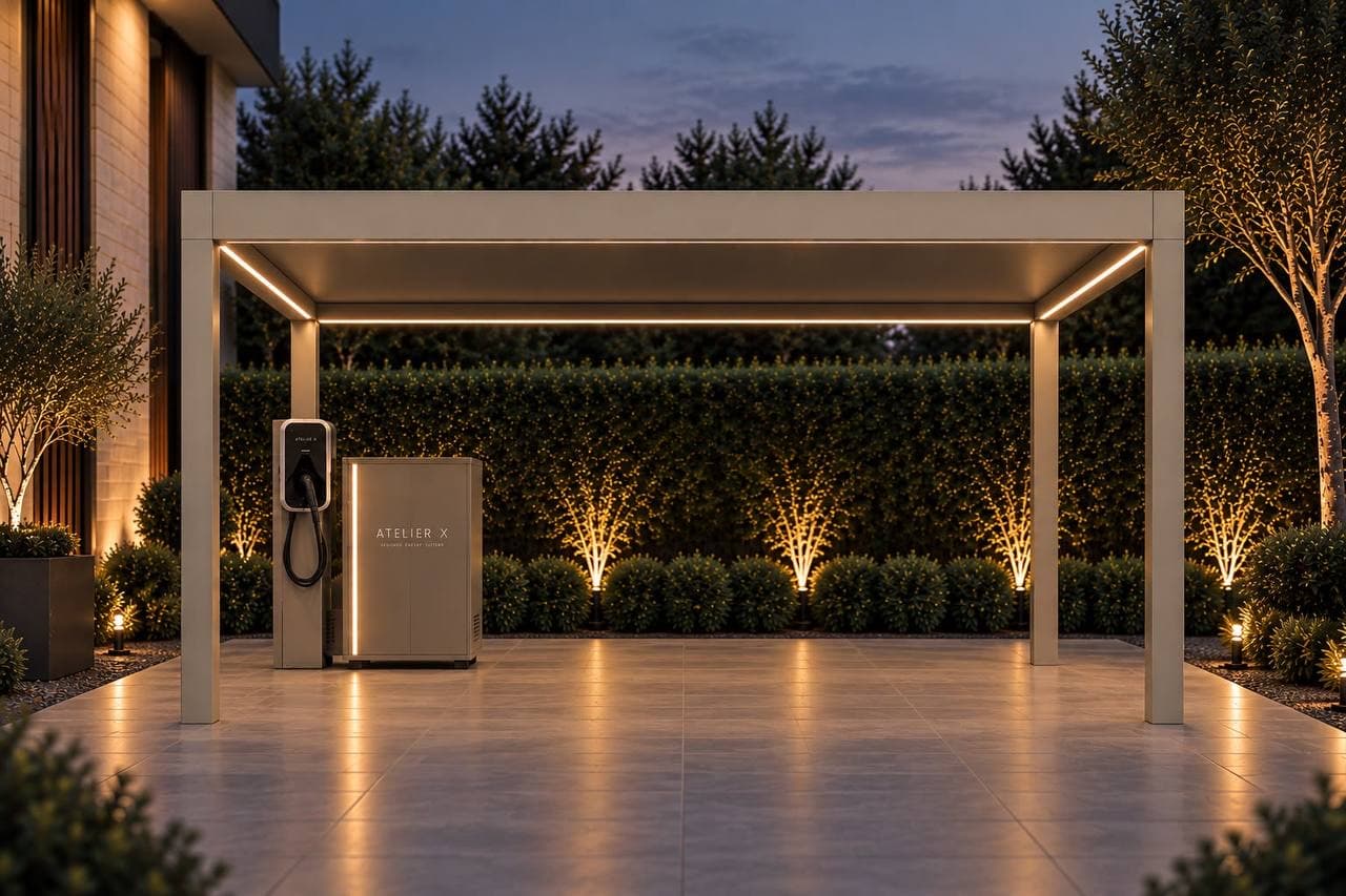 Luxe Atelier X solar carport met geïntegreerde verlichting, laadpunt en energieopslag